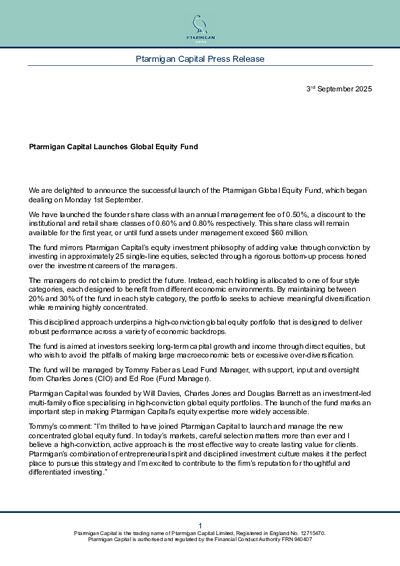Ptarmigan Capital Global Equity Fund Launch